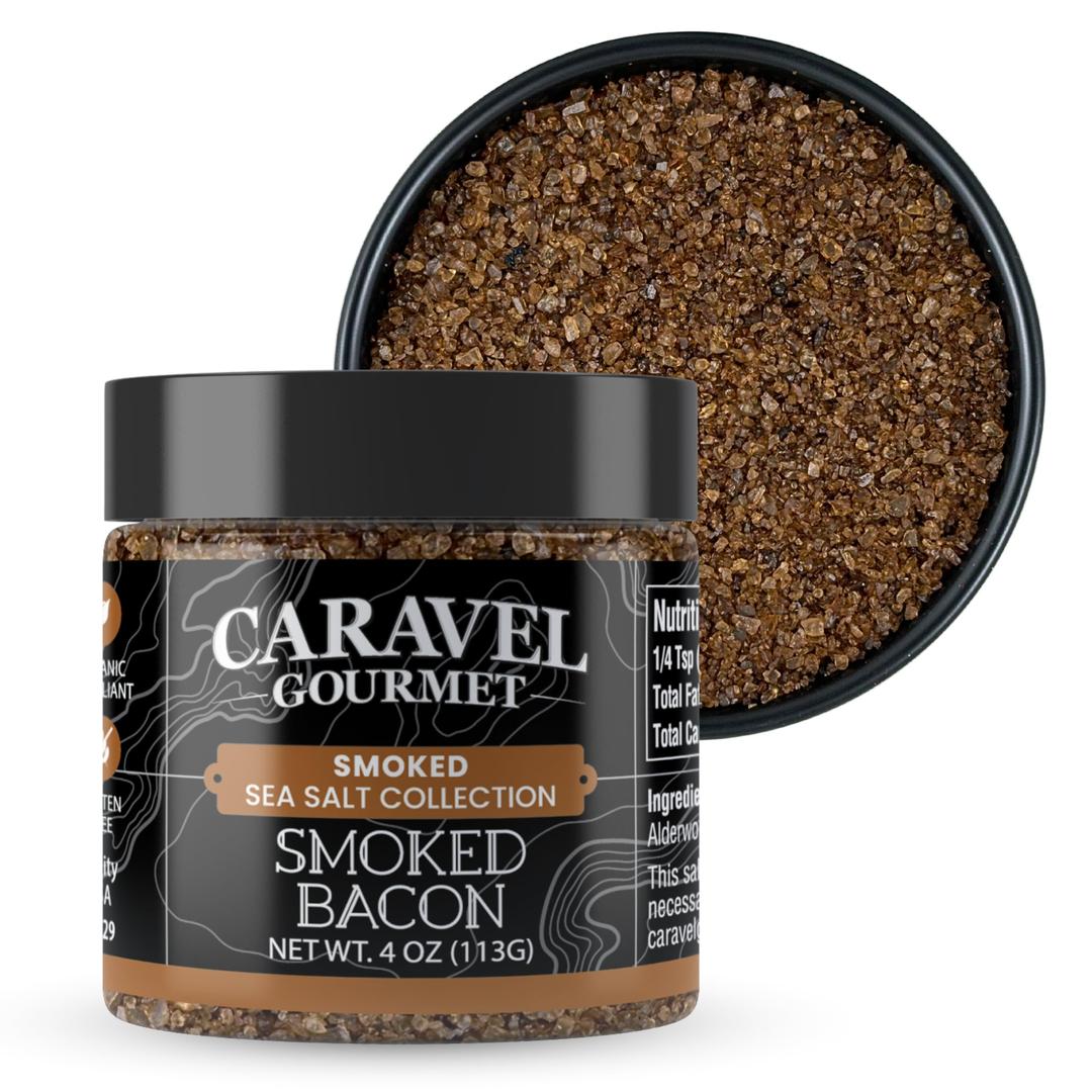 Smoked Bacon Salt - Bacon Seasoning Great for Cooking or as a Finishing Salt - Alderwood Smoked Fine Sea Salt - 4 oz. Stackable Jar - Caravel Gourmet