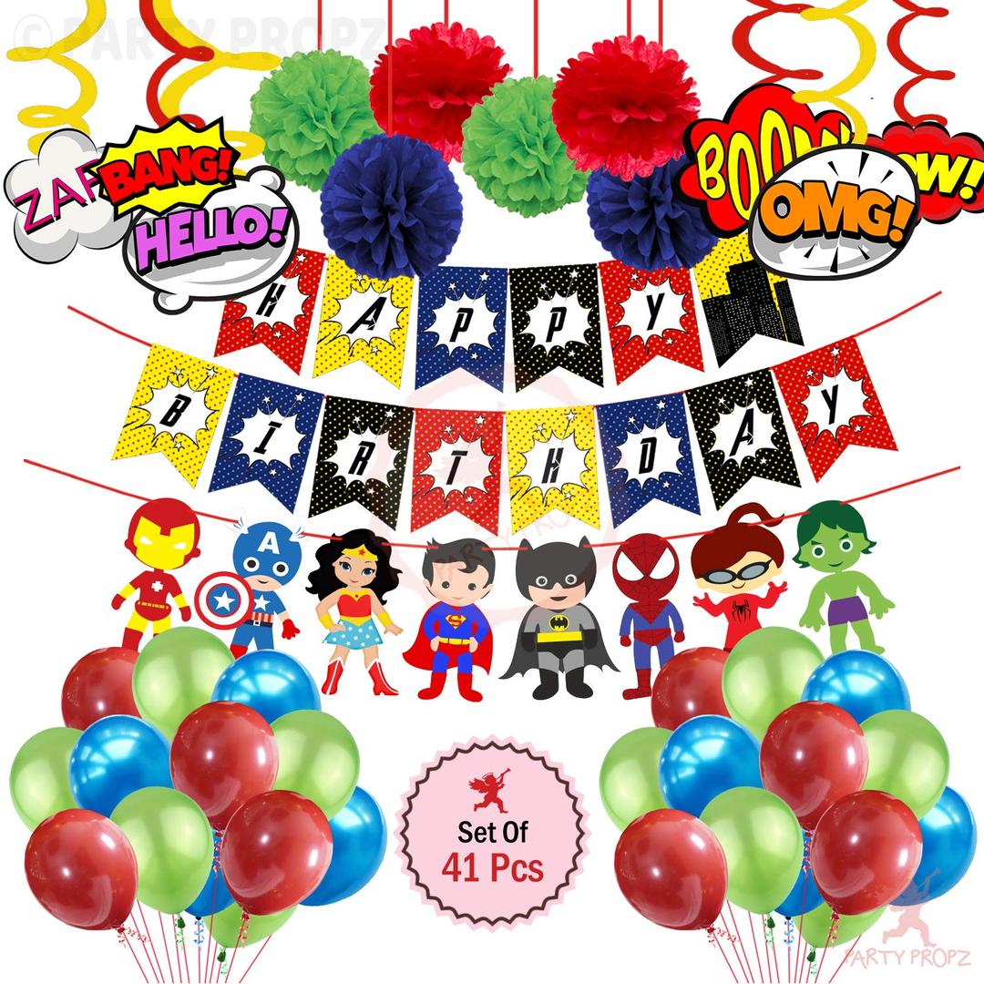 Party Propz Superhero Theme Combo Set for Superhero Birthday Decorations- 41Pcs / Superhero Birthday Party Supplies/Avenger Theme Birth Day Decoration For Kids/Bday Decorative Materials