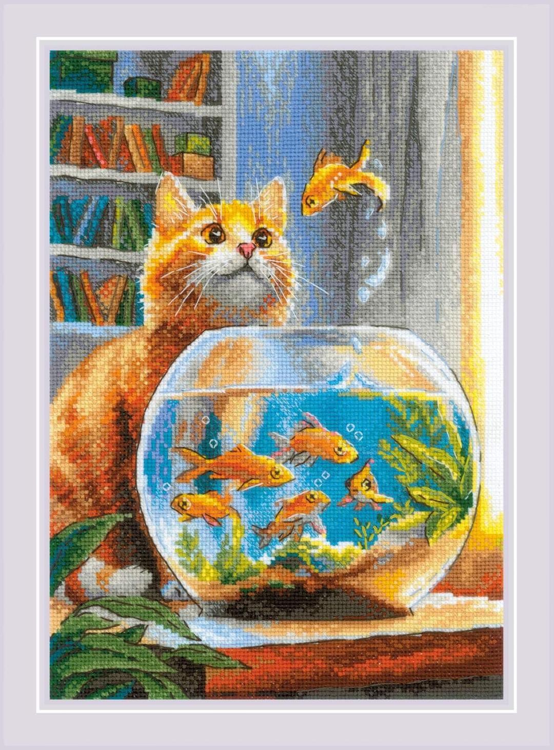 RIOLISGinger Observer 2218, Cat Lovers Cat Cross Stitch Kits 8¼"x11¾, Cross Stitch Kits for Beginners & Advanced, Crossstitching Kits Adult, Counted Stitching Kits, Cat Embroidery Kit