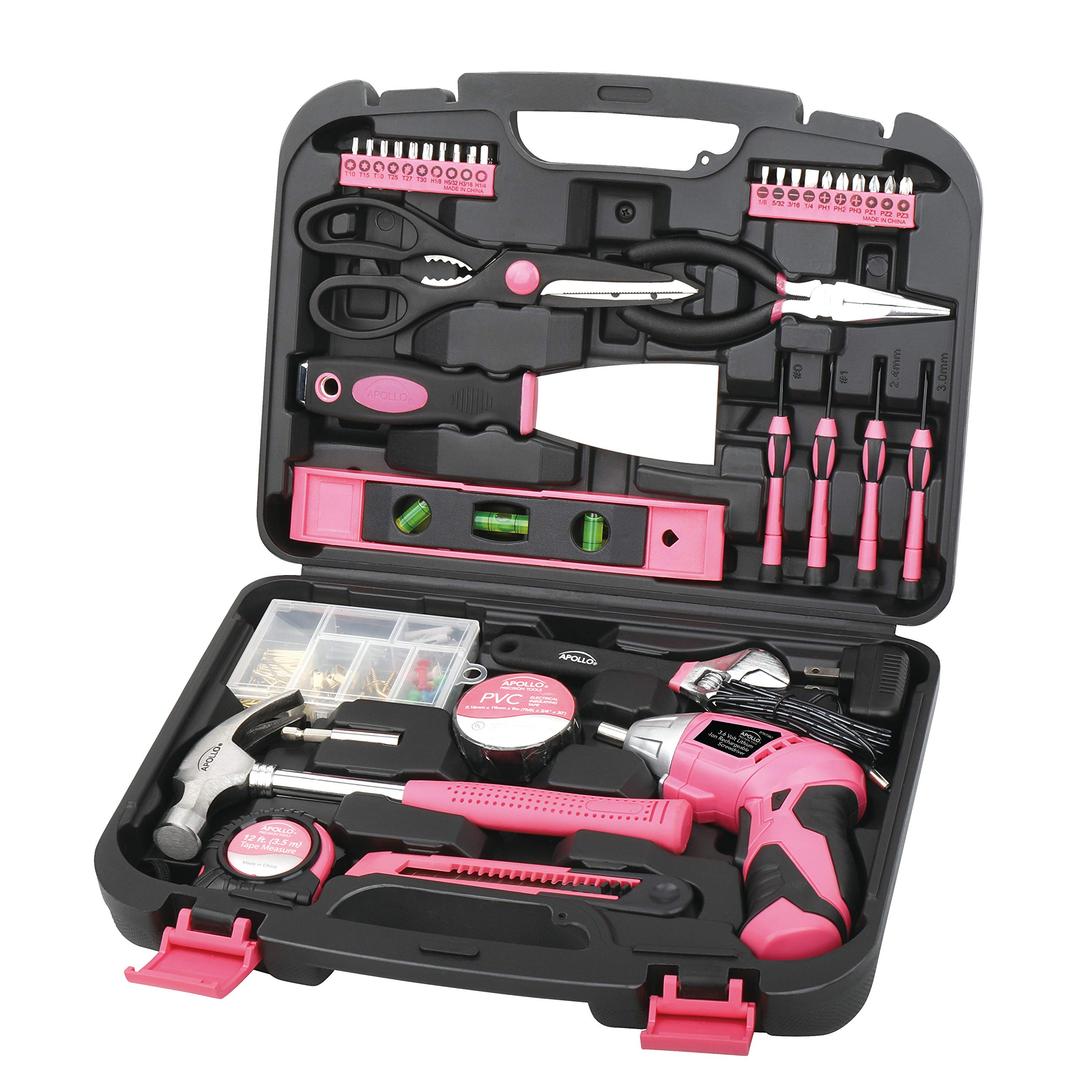 Apollo 135 Piece Household Tool Kit Pink with Pivoting Dual-Angle 3.6 V Lithium-Ion Cordless Screwdriver - DT0773N1