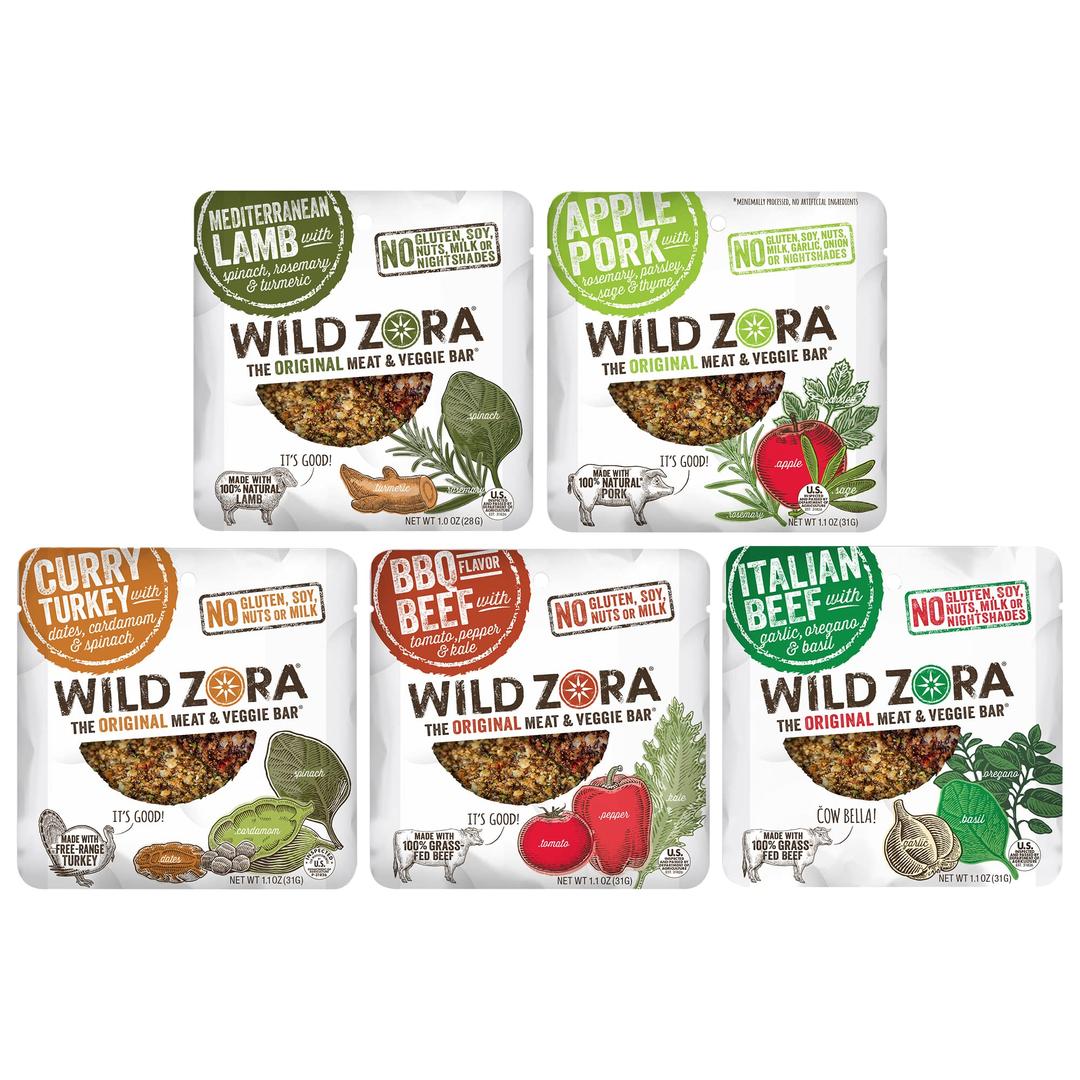 Wild Zora Meat & Veggie Bars, Variety 5-Pack, Natural Pork, Beef, Lamb, & Turkey Jerky Snacks, Healthy Paleo Snacks, AIP Friendly Options, Gluten Free, Soy Free, High Protein, No Added Sweetener