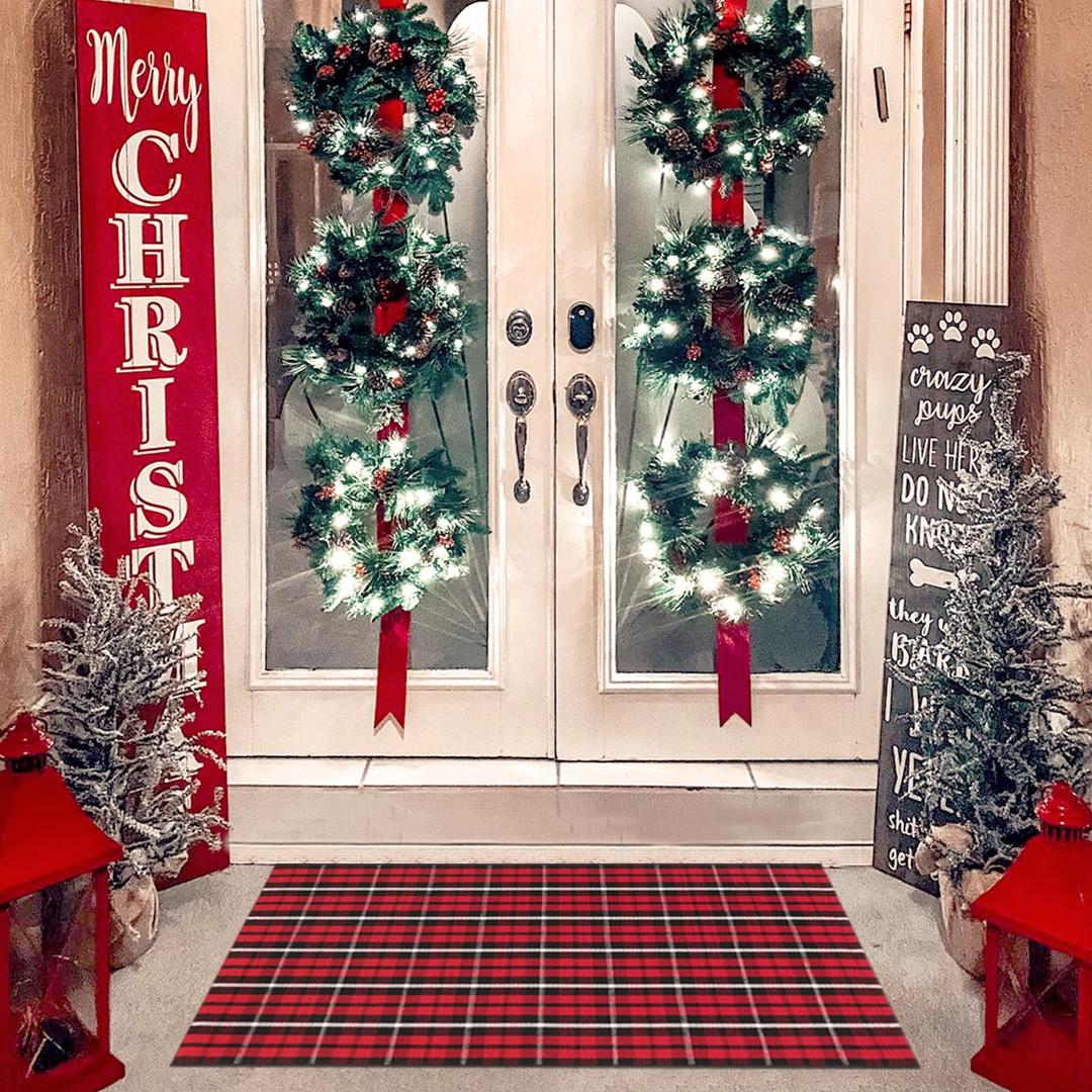 Christmas Rugs Red and Black Plaid, 28” x 43” Area Rug Outdoor Indoor Front Porch Doormat Cotton Hand-Woven Layered Door Mats for Entryway Patio Entryway Laundry Bedroom Living Room