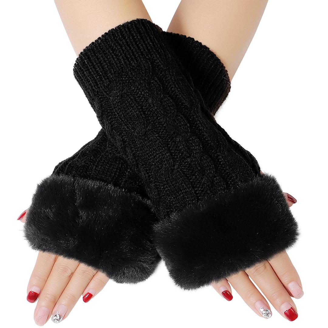 BienvenuKnit Fingerless Gloves for Women, Arm Warmers with Faux Fur, Winter Fingerless Mittens