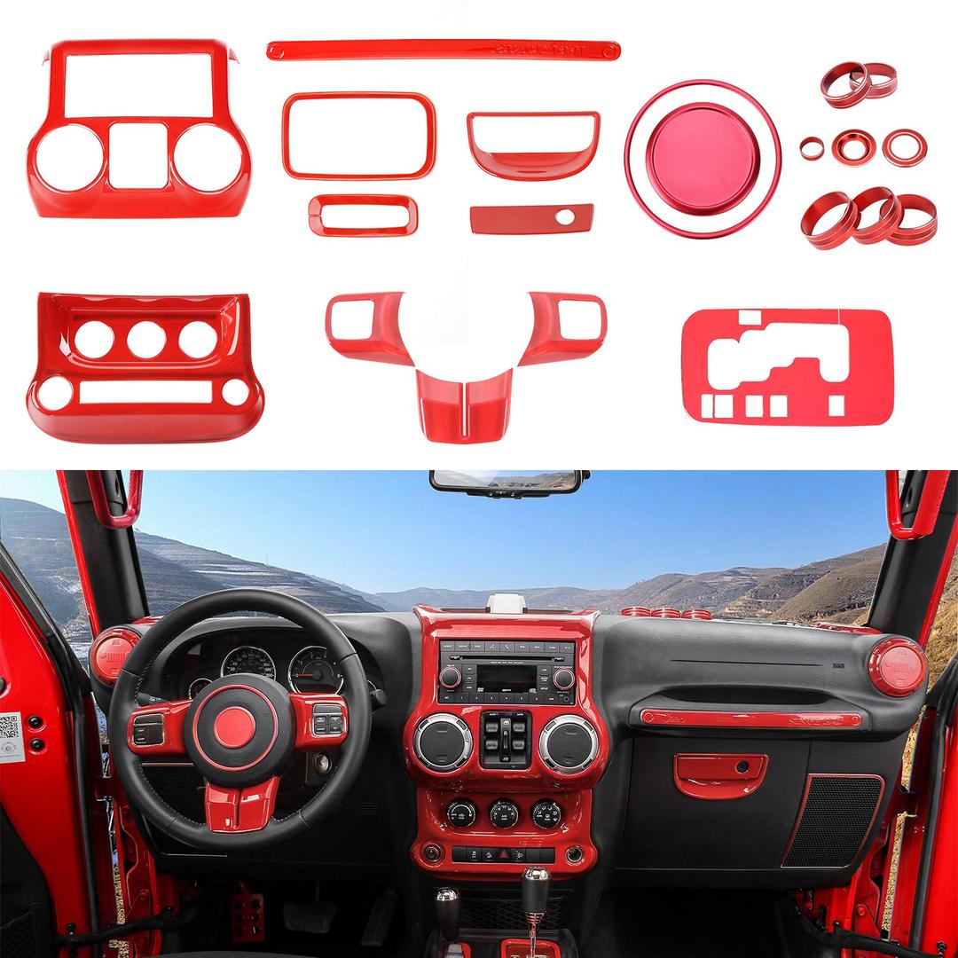 RT-TCZ for Jeep JK Red Interior Trim Kits, Center Console Dash Trim Bezel for Jeep Wrangler JK JKU 2011 2012 2013 2014 2015 2016 2017 Red Interior Accessories 21pcs