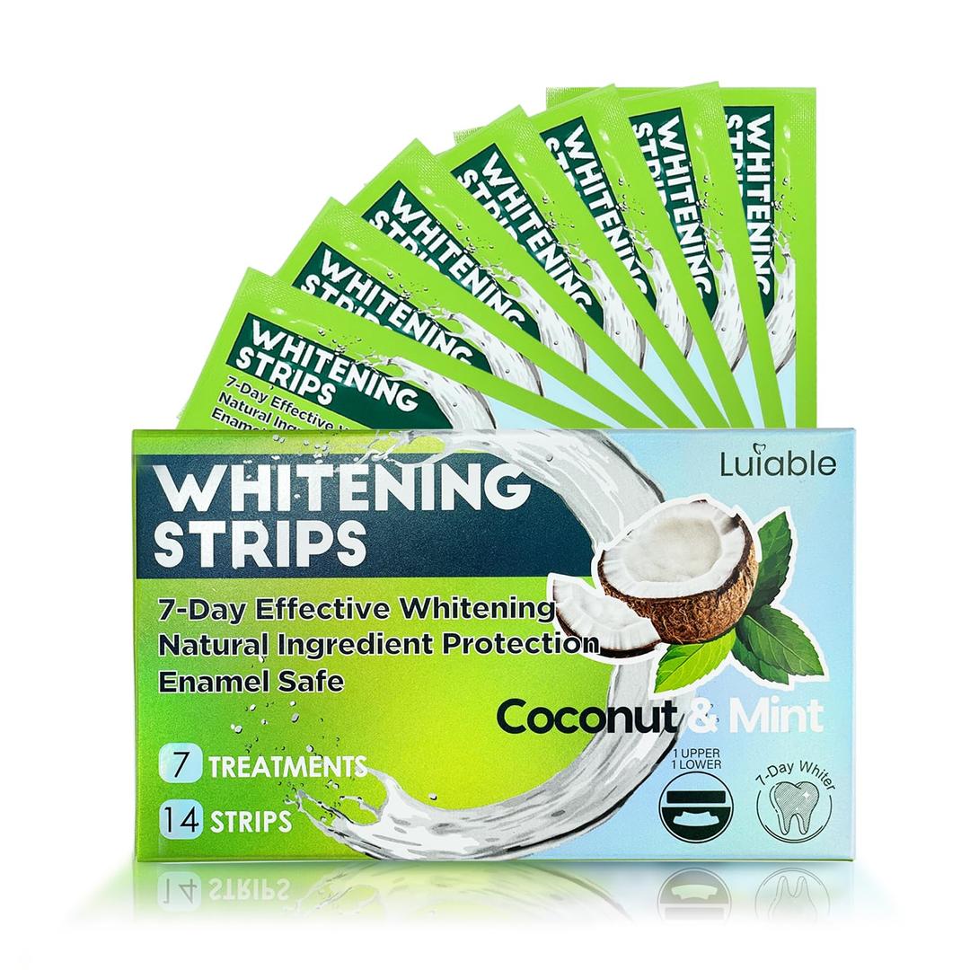 Teeth Whitening Strips for Tooth White: 7-Day Effective Teeth Whitener with Xylitol - 7 Treatments 14 Strips Safe for Enamel (Vegan Coconut & Mint)