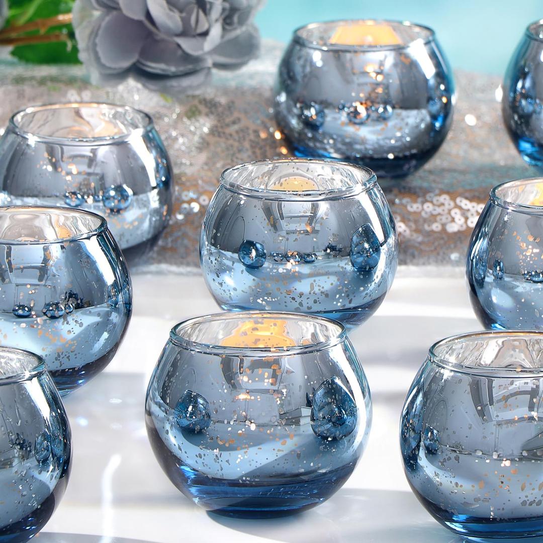 LAMORGIFT 24 Pcs Blue Votive Candle Holders Bulk- Blue Mercury Glass Votives Glass Tealight Candle Holders for Fall Party Table Centerpieces, Blue Glass Decor for Wedding, Baby/Bridal Shower