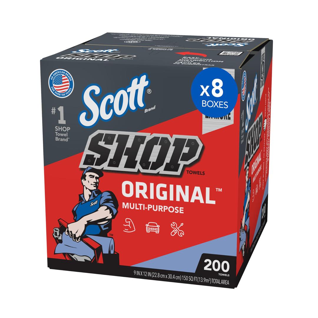 Scott® Shop Towels Original (75190), Blue, Pop-Up Dispenser Box (200 Towels/Box, 8 Boxes/Case, 1,600 Towels/Case)