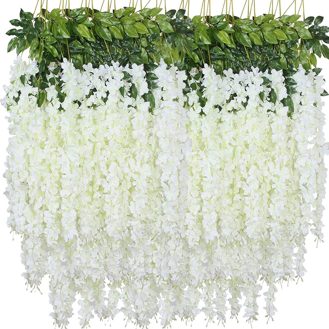 Artificial Wisteria Hanging Flowers Fake Wisteria Flower Garland Silk Vines Rattan Decor for Home Wedding Arch Wall Garden Greenery Bedroom Outdoor Office Party Decoration (12, White)