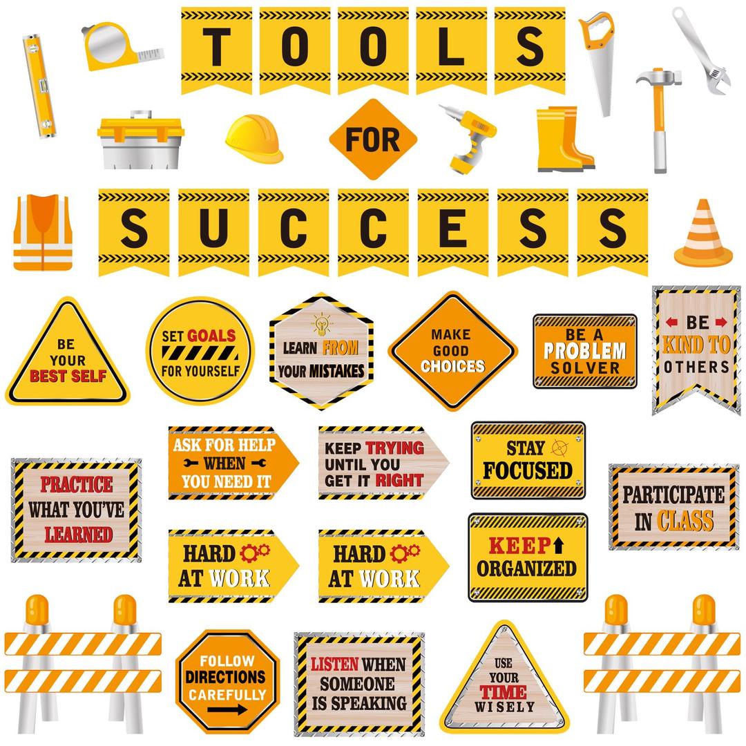 Outus 47 Pcs Construction Bulletin Board Set Construction Theme Cutouts Tools for Success Classroom Decorations for Kid Students Back to School Gifts Construction Birthday Party Supplies