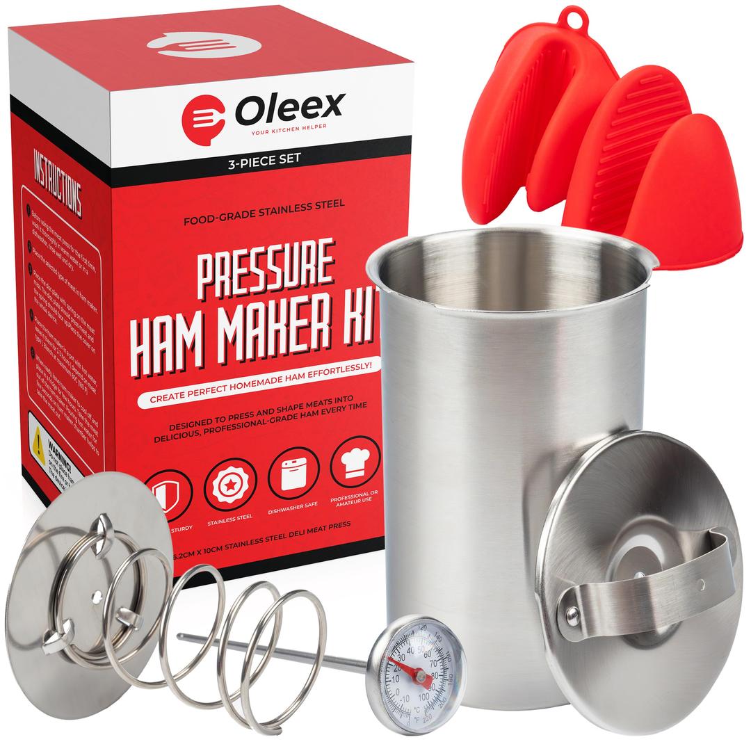 Oleex Lunch Meat Press Mold for Deli Meats-Homemade Ham Maker Meat Press Tool with Cooking Thermometer & Silicone Kitchen Mittens-Multipurpose Stainless Steel Pressure Sandwich Lunchmeat Press Maker