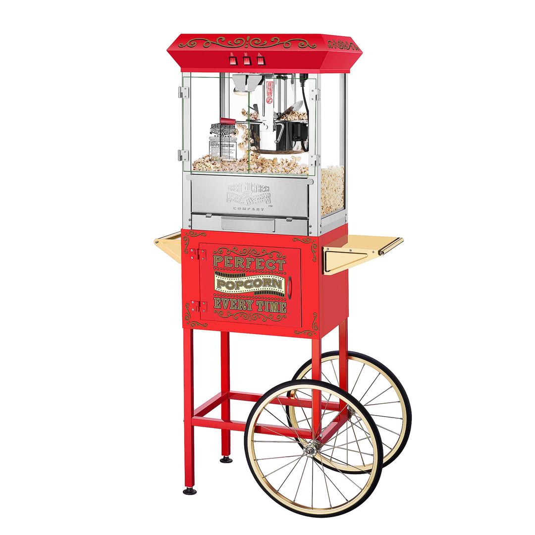 Great Northern Popcorn Perfect Popper Popcorn Machine with Cart and Stainless-Steel Kettle, Warming Light, and Accessories, 10oz, Red