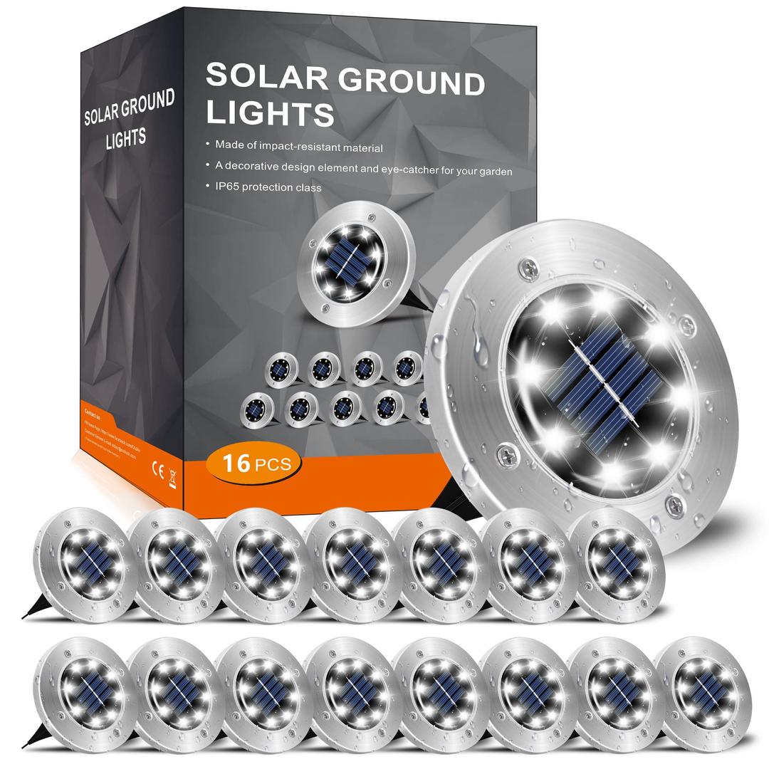 INCX Solar Ground Lights, 16 Packs 8 LED Garden Solar Powered Disk Lights Waterproof In-Ground Outdoor Landscape Lighting for Patio Pathway Lawn Yard Deck Driveway Walkway, Cold White