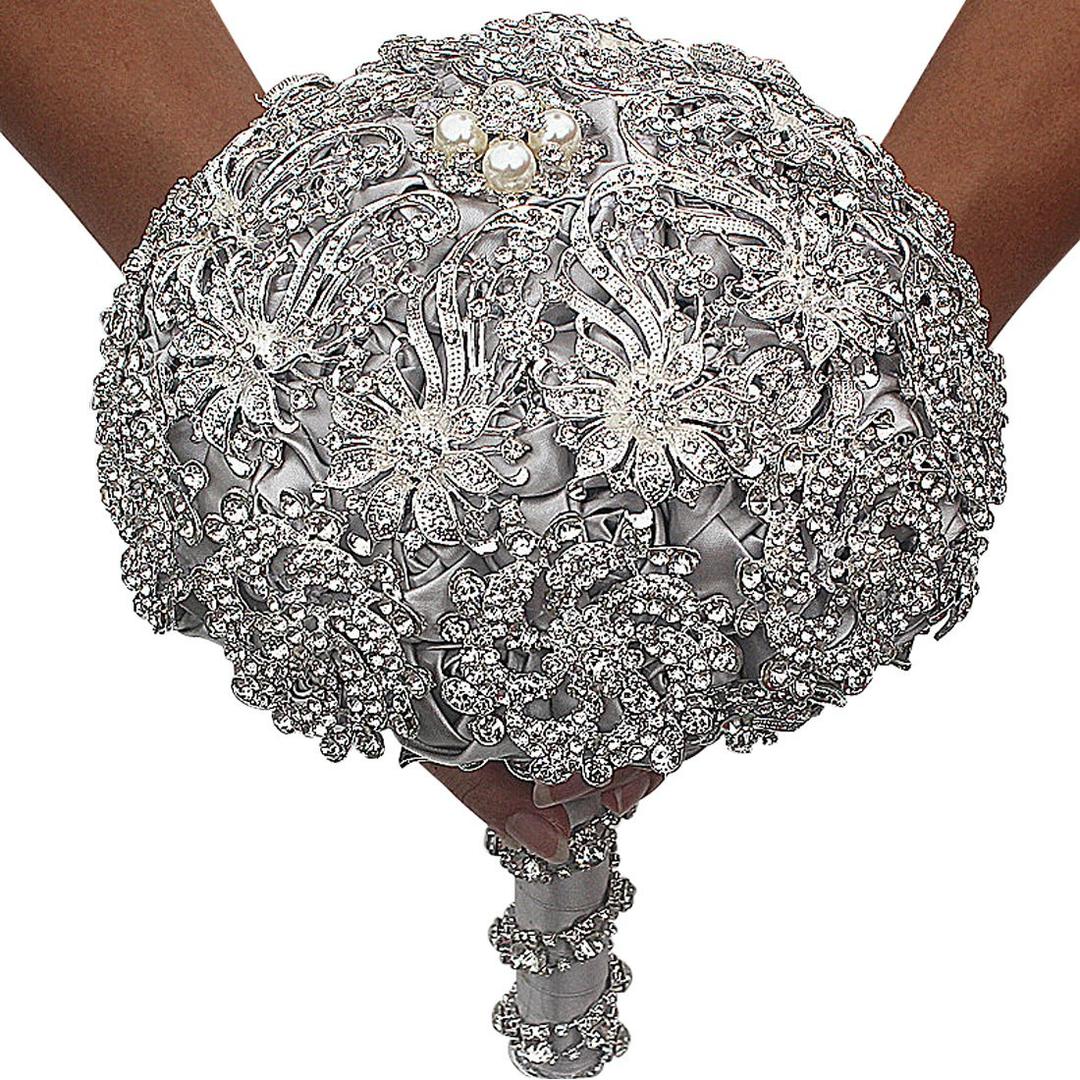 Wedding Bouquet with Silver Luxury Artifical Diamond,Set Including Bouquets, Wrist Flowers,Corsage for Your Wedding with Full Hand-Made (Silver+Gray)