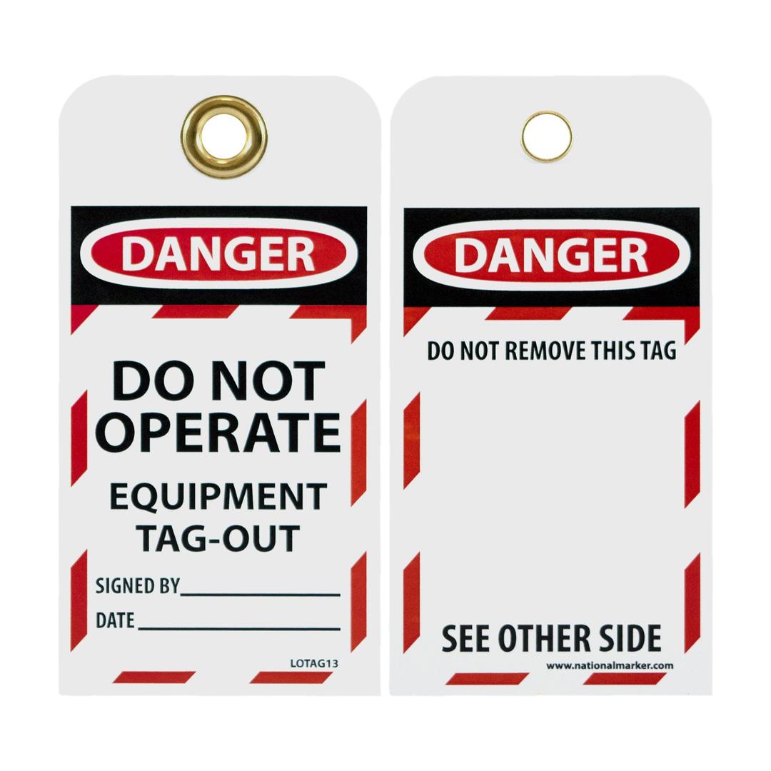 NMC LOTAG13 DANGER DO NOT OPERATE EQUIPMENT TAG-OUT Tag – [Pack of 10] 3 in. x 6 in. Vinyl 2 Side Danger Tag with White/Black Text on Red/White Base