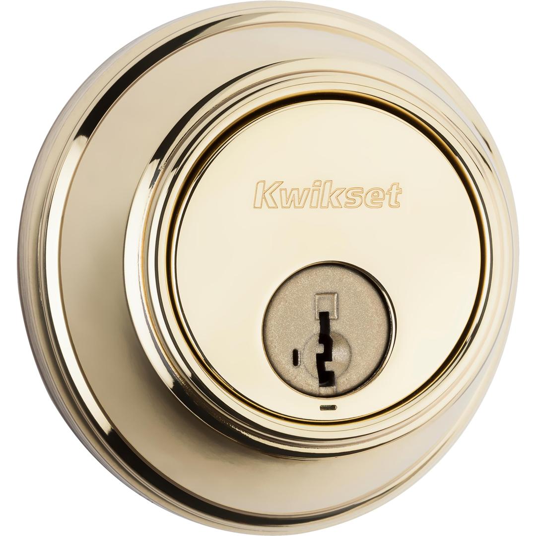 Kwikset817 Deadbolt Lock, Polished Brass Round Exterior Keyed Front Entry Door, Pick Resistant SmartKey Rekey Security, Single Cylinder Dead Bolt, with Microban Protection