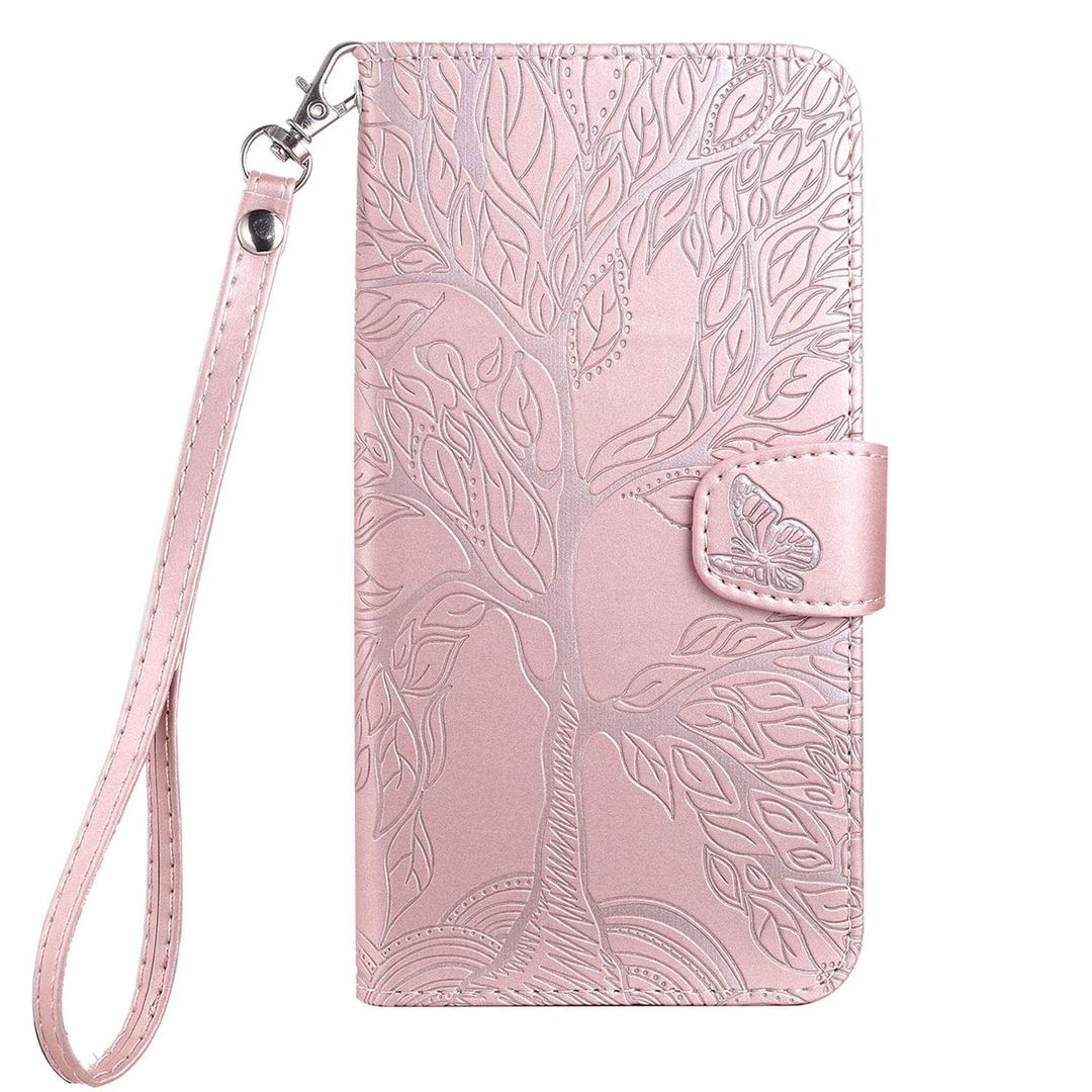 AisenthSamsung Galaxy A5 2017 Flip Case, The Tree of Life Embossed PU Leather Wallet Phone Folio Case Magnetic shockproof Protective Cover with Stand function, Card Slots + 1 pcs Wrist Strap (Pink)