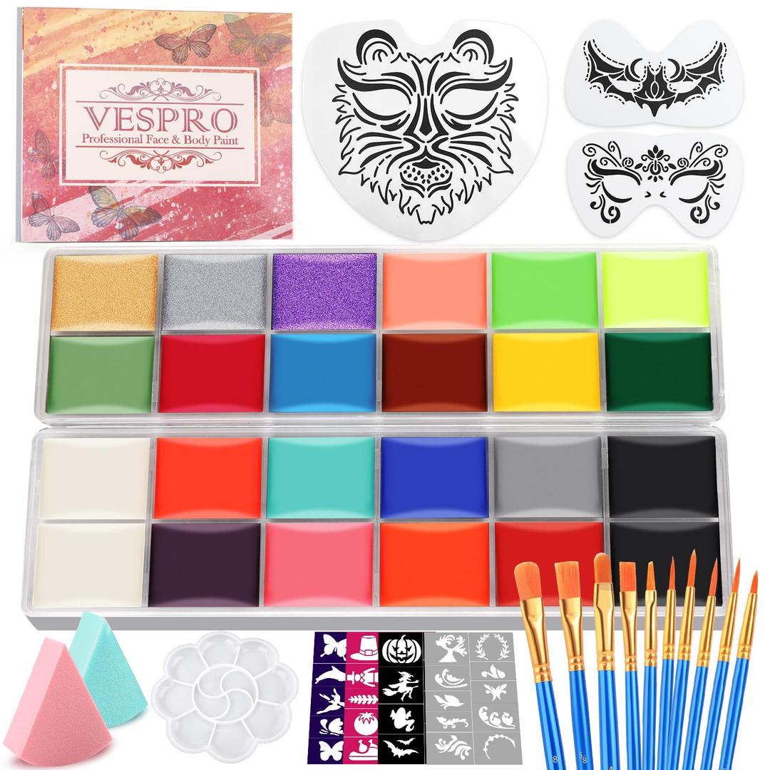 Face Painting Kit For Kids Party,22 Colors Face Paint Kit Includes Paint Tray,Sponges,Brushes and Stencils,Professional Face Painting Kit Non Toxic for Kids and Adults Halloween Makeup