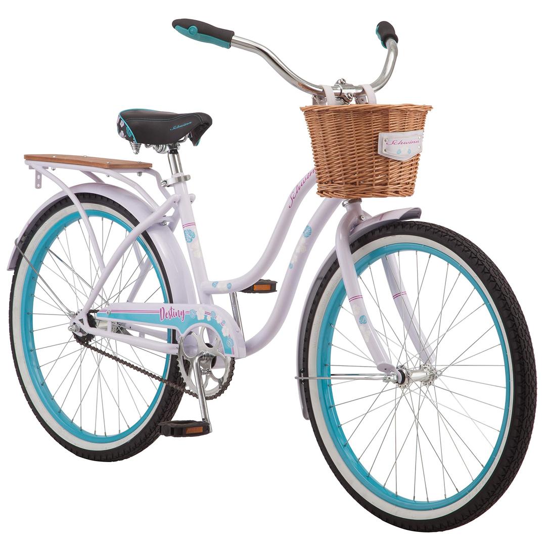 Schwinn Destiny and Baywood Beach Cruiser Bike, for Adult Men Women Boys Girls Ages 8 and Up, Single Speed Drivetrain, Rear Rack Ready, 24 or 26 Inch Wheels Options