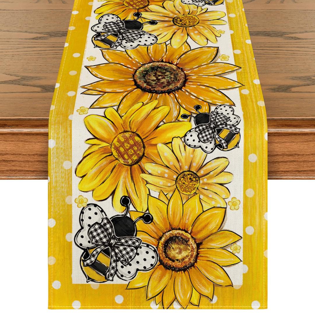 Artoid Mode Sunflower Bee Flower Polka Dot Summer Table Runner, Seasonal Kitchen Dining Table Decoration for Indoor Party Home 13x72 Inch