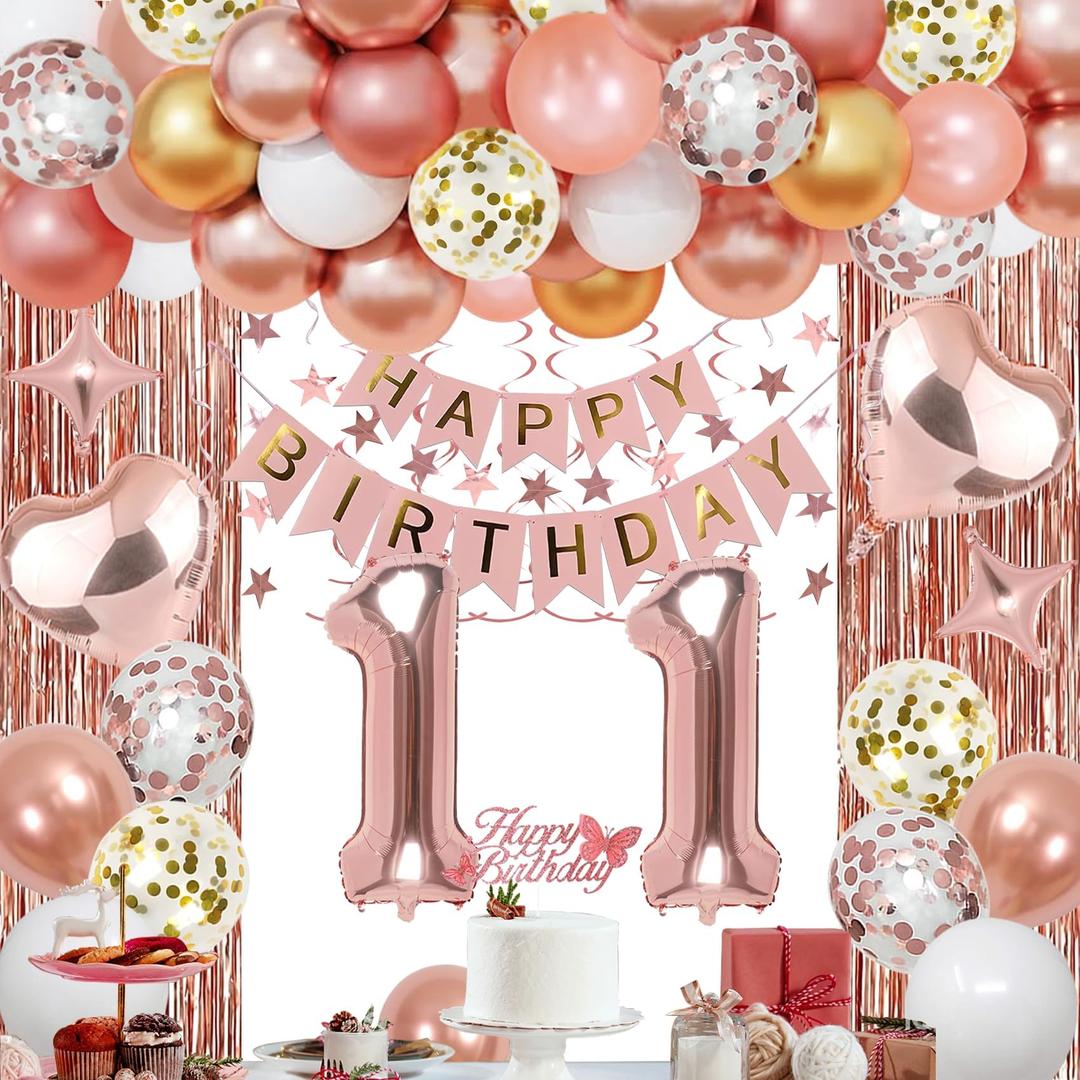 11th Rose Gold Birthday Party Decorations for Girls, Rose Gold Happy Birthday Banner, Fringe Curtains, Heart Foil Balloons, Confetti Balloons, Cake Topper for 11th Birthday Decorations