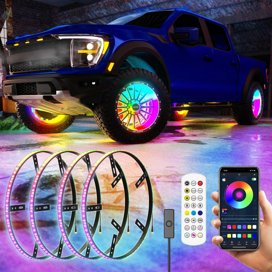 SUNPIE Wheel Lights for Truck, 14.5inch Wheel RGB Lights w/Sequential & Color Changing for Car Rim 17inch and 18inch Vehicle Waterproof Wheel Ring Light w/APP/RF Control DC 12V for Truck SUV Car