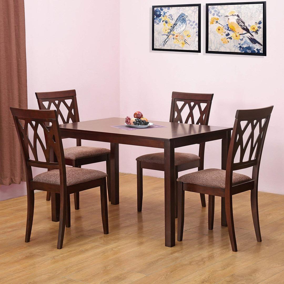 @home by Nilkamal Peak Solid Rubber Wood Dining Table 4 Seater| Four Seater Wooden Table with Four Chairs with Cushion| Dining Room Set| Rubberwood, Cappuccino