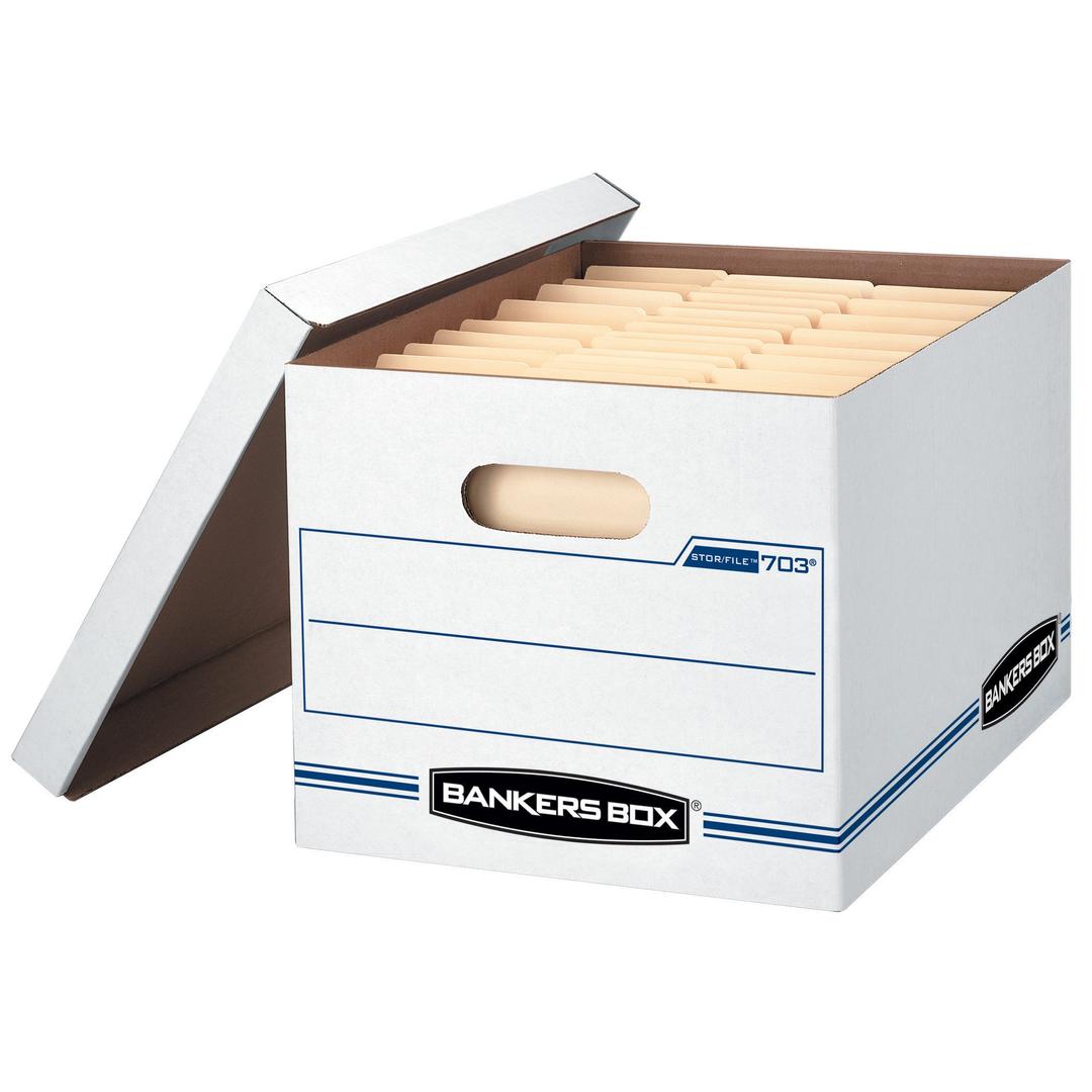 Bankers Box 4 Pack STOR/FILE Basic Duty File Storage Boxes, Standard Assembly, Lift-off Lid, Letter/Legal, White/Blue