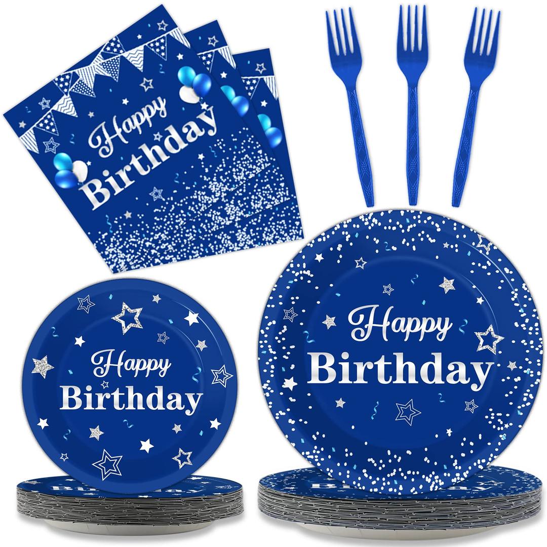 96 Pieces Navy Blue and Silver Birthday Party Plates Napkins for Table Decorations Supplies Happy Birthday Dessert Tableware Plates Napkins Forks for 24 Men Boys Birthday Disposable Party Favors