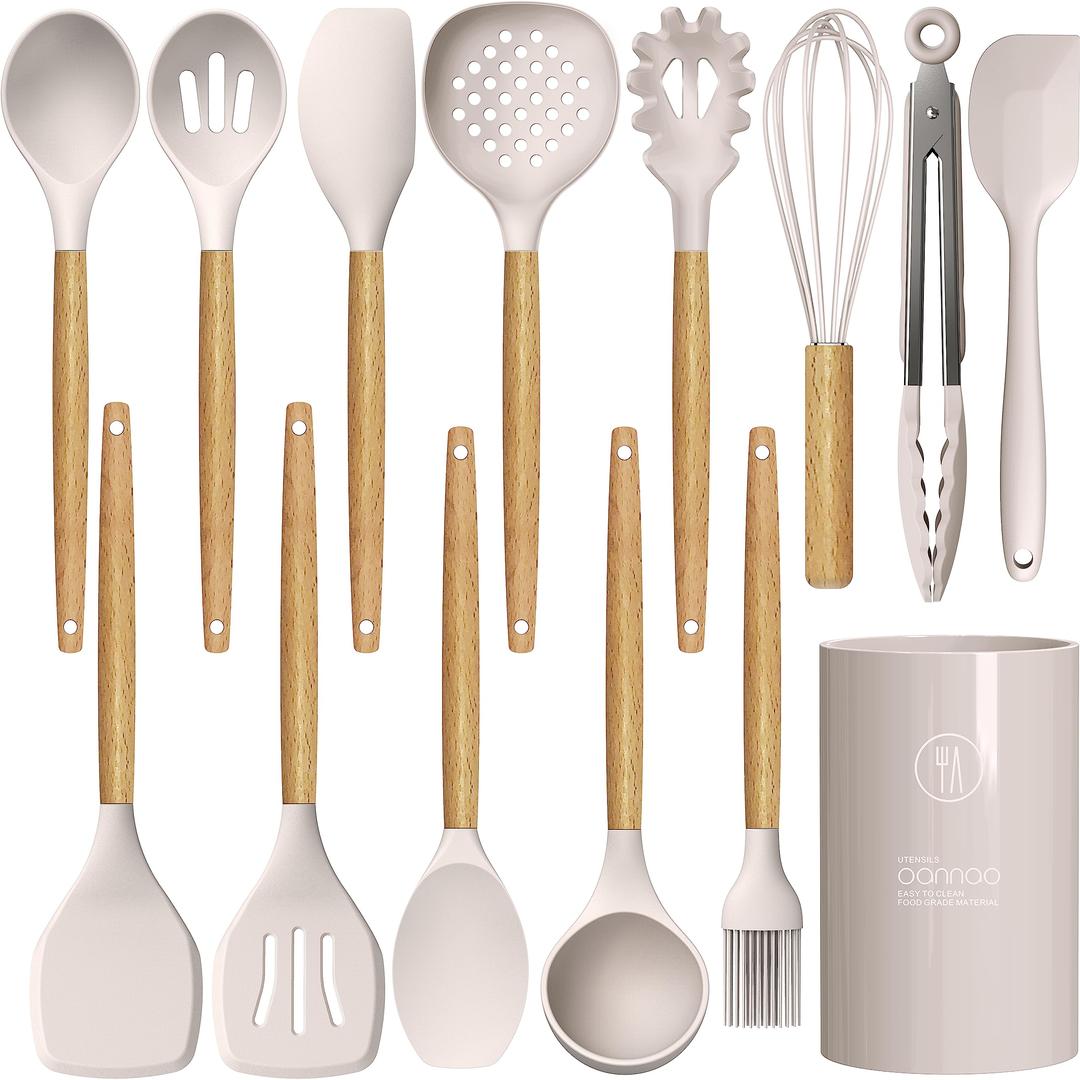 Silicone Cooking Utensils Set - 446°F Heat Resistant Silicone Kitchen Utensils for Cooking,Kitchen Utensil Spatula Set w Wooden Handles and Holder, BPA FREE Gadgets for Non-Stick Cookware (Khaki)