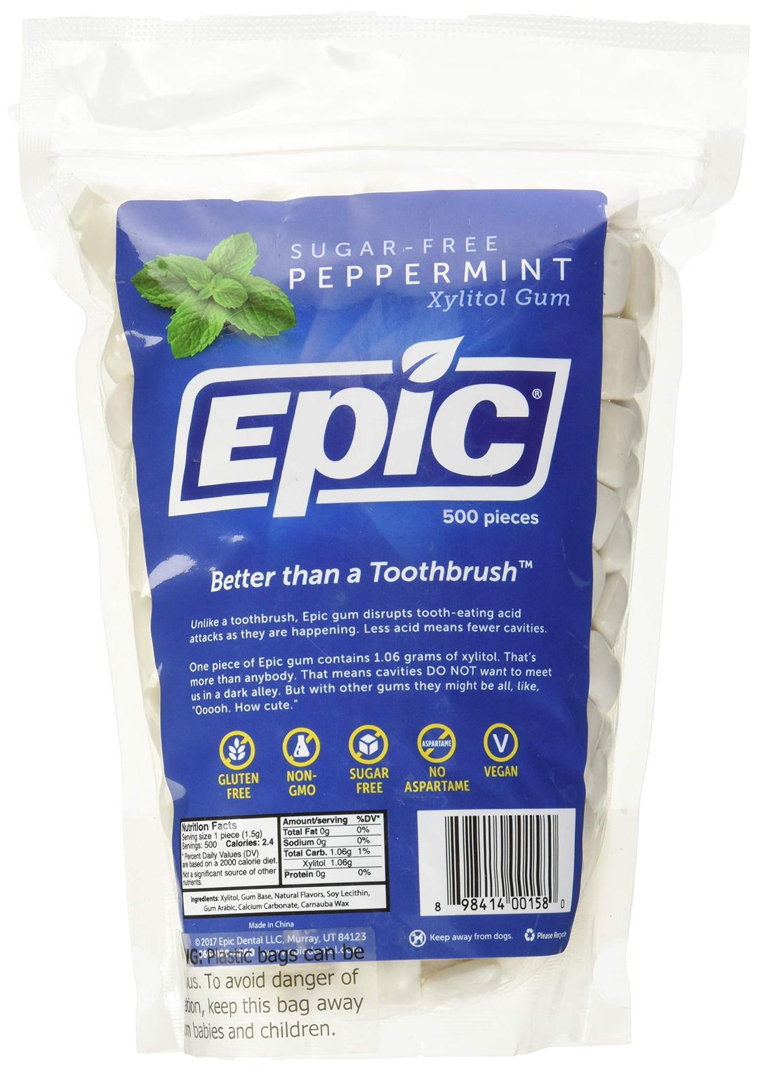 EpicXylitol Chewing Gum - Sugar Free & Aspartame Free Chewing Gum Sweetened w/Xylitol for Dry Mouth & Gum Health (Peppermint, 500-Piece Bag, 1 Bag)