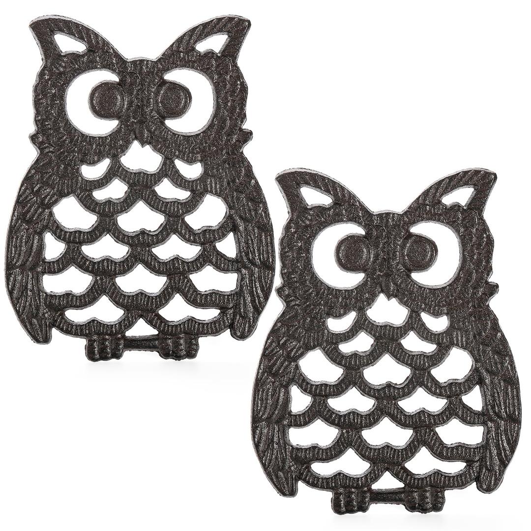 Hedume 2 Pcs Cast Iron Owl Trivets, Heavy Duty Cast Iron Trivet with Rubber Pegs, Decorative Trivet for Kitchen Counter or Dining Table, Insulation Pad, Anti-Scald Pad, Heat Resistant Pad-Rust Brown