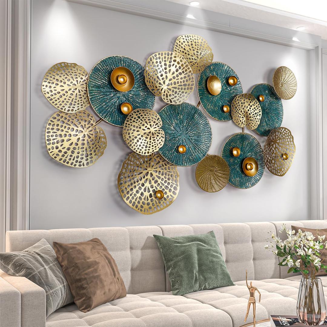 KEQAM Metal Wall Art for Living Room,Large Metal Wall Decor,Modern Luxury Wall Sculpture,3D Lotus Leaf Wall Decor For Living Room,Dining Room Bedroom Outdoor 50''x26''