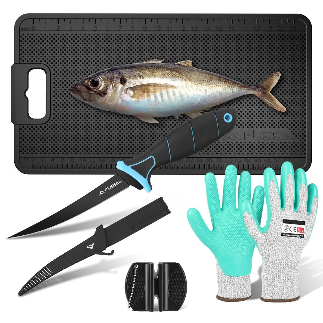 FLISSA 4PCS Fish Fillet Set with 6" Fillet Knife, 24"*13" Non-Slip Fish Fillet & Cleaning Mat, Knife Sharpener and Cut Resistant Gloves, Fish Cleaning kit for Easy Fish Cleaning, Filleting and Cutting