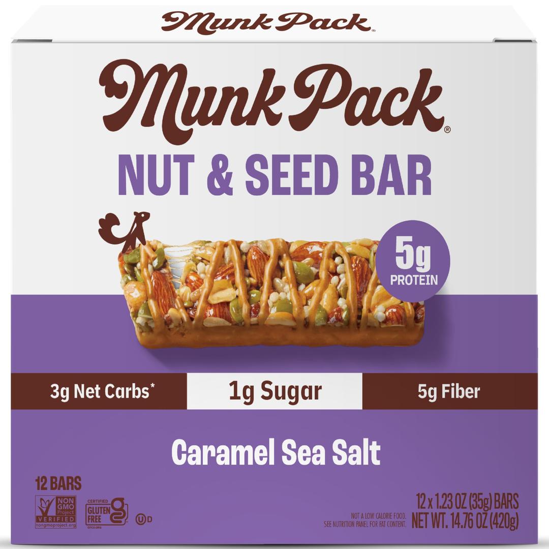 Munk PackNut & Seed Bar Caramel Sea Salt | 1g Sugar, Low Carb & Keto, 5g Protein | Gluten Free, Plant Based, Zero Added Sugar | Sweet & Salty Breakfast & Snack Bars | 12 Count