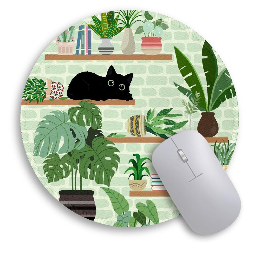 Immaturus Cat Mouse Pad, Cute Small Mouse Pads for Desk, Round Travel Mousepad for Wireless Mouse Gaming Work Laptop, Plant Leave Mini Computer Mouse Mat, Home Decor Office Desk Accessories