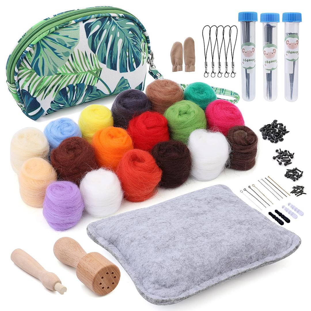 Needle Felting Kit, Needle Felting Starter Kit with Exquisite Green Storage Bag, Wool Roving 18 Colors Set, Needle Wool Felting Tools Kit, Wool Felt Tools for Felted Animal Needle Felting Supplies