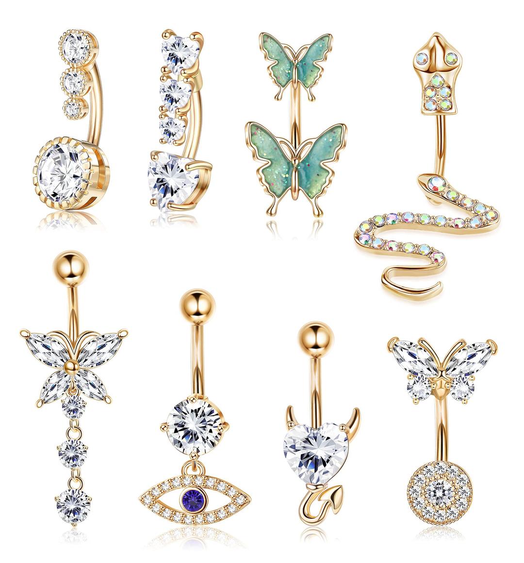 LOLIAS14G Belly Button Rings Dangle Cute Gold Plated Snake Evil Eye Heart Clear CZ Butterfly Belly Button Rings for Women Belly Piercing Pack