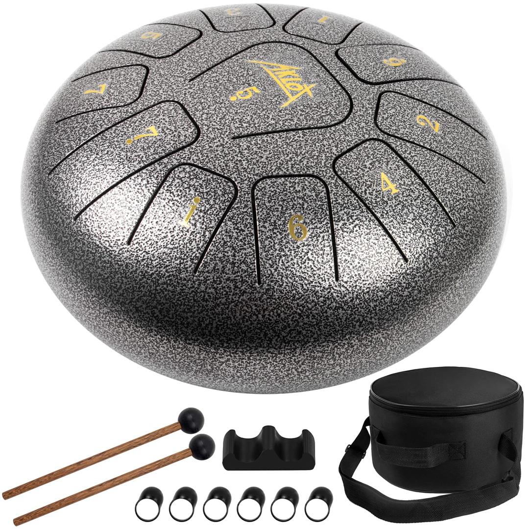 AKLOTSteel Tongue Drum 10 Inches 11 Notes - Percussion Instruments - HandPan Tank Drum C Key with Drum Mallets Stickers Finger Picks and Gig Bag