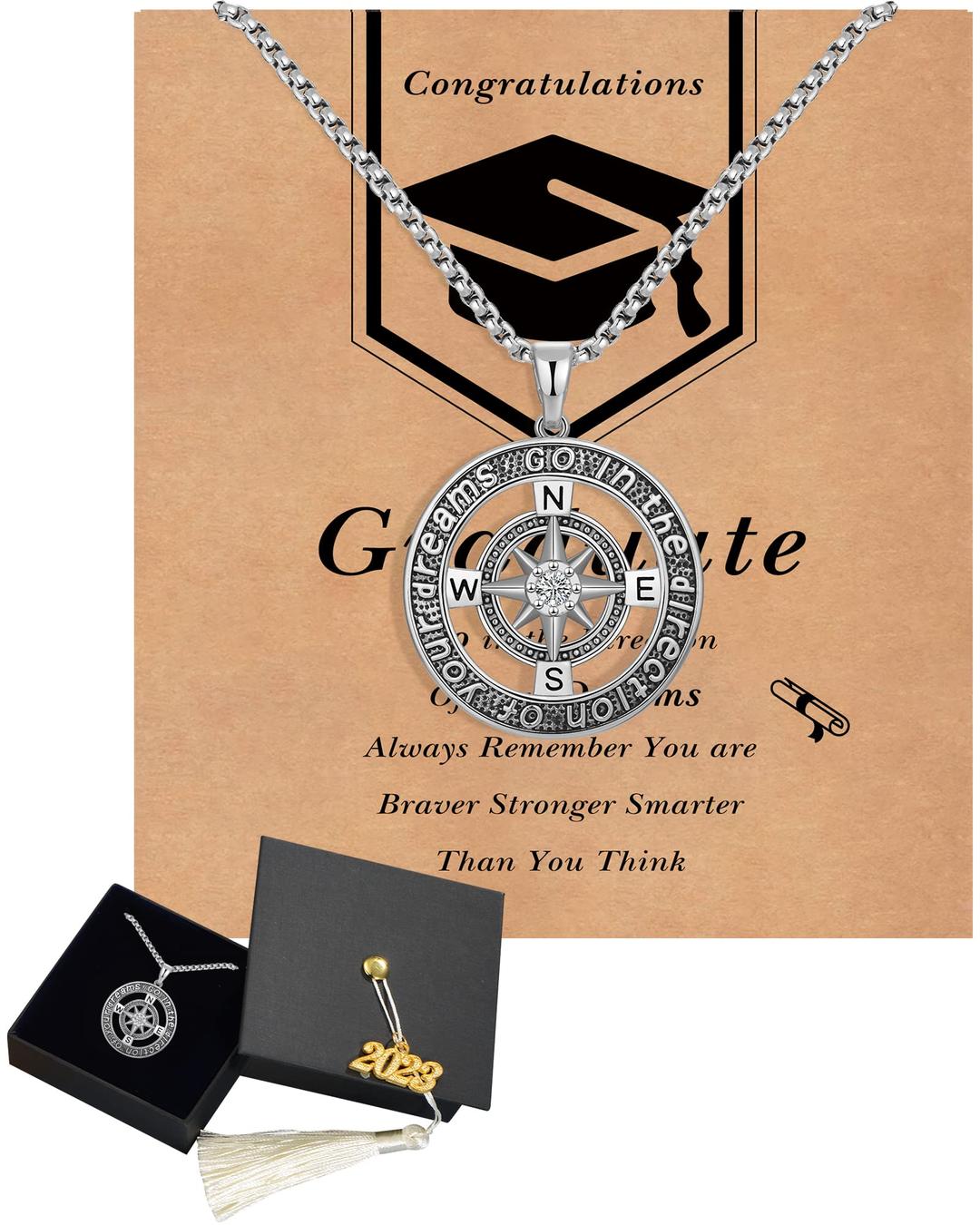 Graduation Gifts for Him 2023, S925 Sterling Silver Plated Compass Necklace for Men Boys, Senior High School College Graduation Gifts for Son Grandson Friends Classmates Brother Boyfriend, Mens Jewelry Gifts for 2023 Graduates(3mm Rolo Chain 24 Inches)