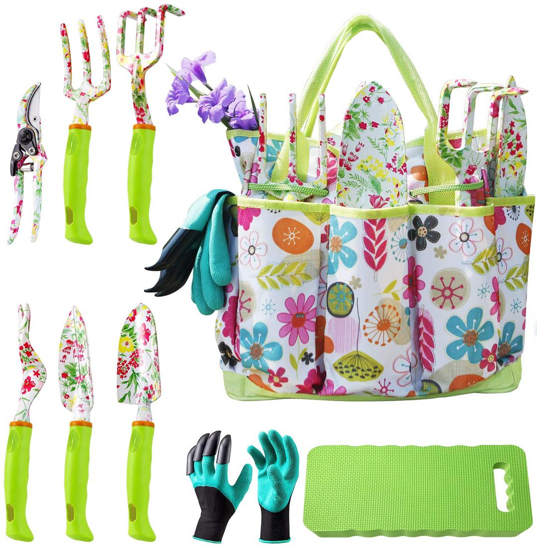 NAYE Garden Tool Set,Cute Gardening Gifts for Women,Birthday Gifts for Mom,Heavy Duty Tool Kit with Gloves,Garden Tote,Kneeling Pad,Hand Pruner,Trowel,Hand Rake,Weeder,Fork,Transplanter,Multicolor