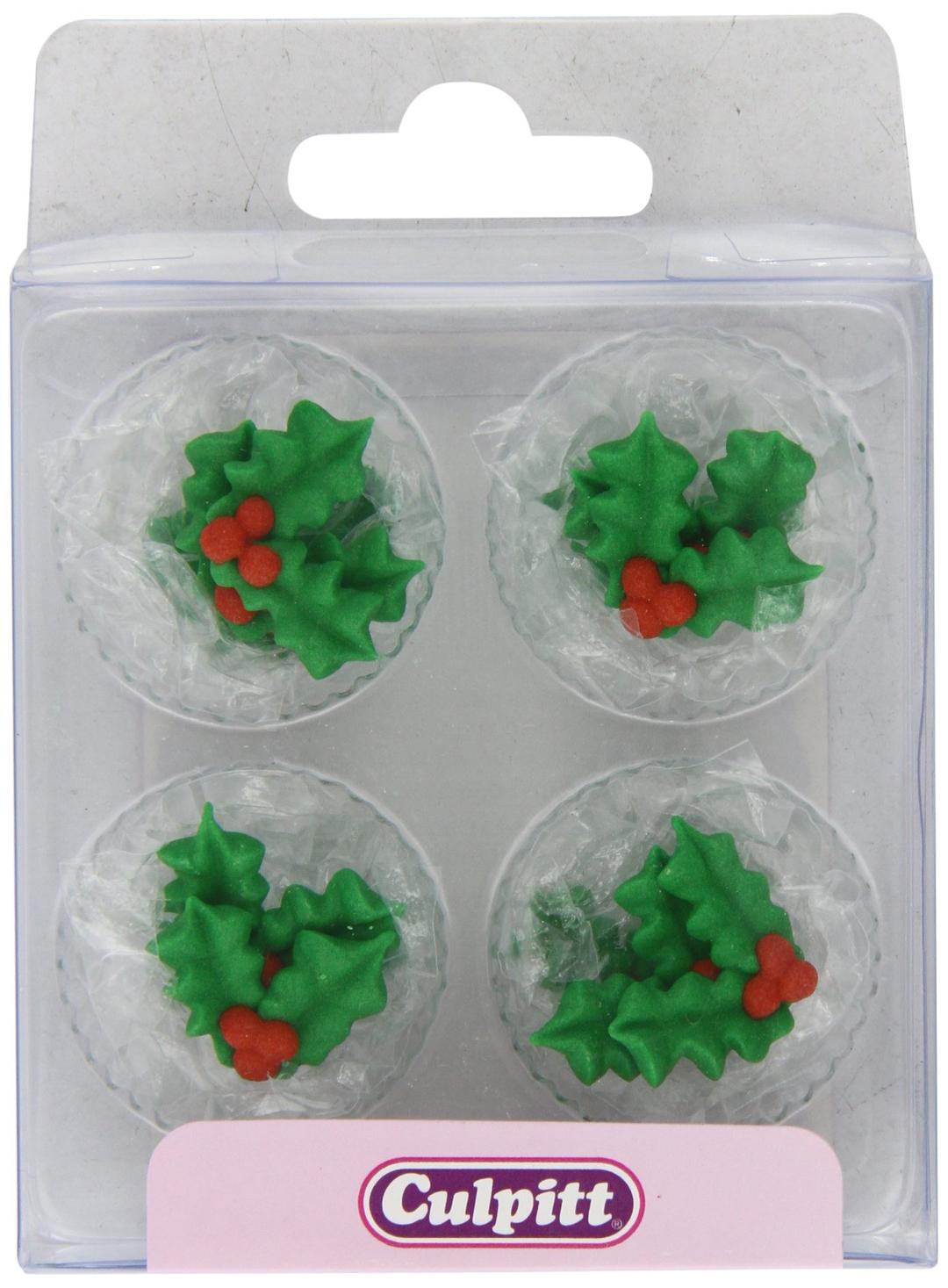 Culpitt Sugar Cake Decorations Holly and Berries (Pack of 2, Total 24 Decorations)