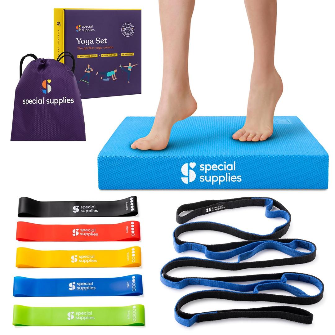 SPECIAL SUPPLIES Exercise Balance Pad, Yoga Strap & Resistance Bands for Stretching, Fitness, and Physical Therapy, Home Gym and Personal Training Equipment, 7 Pc. Exercise Kit