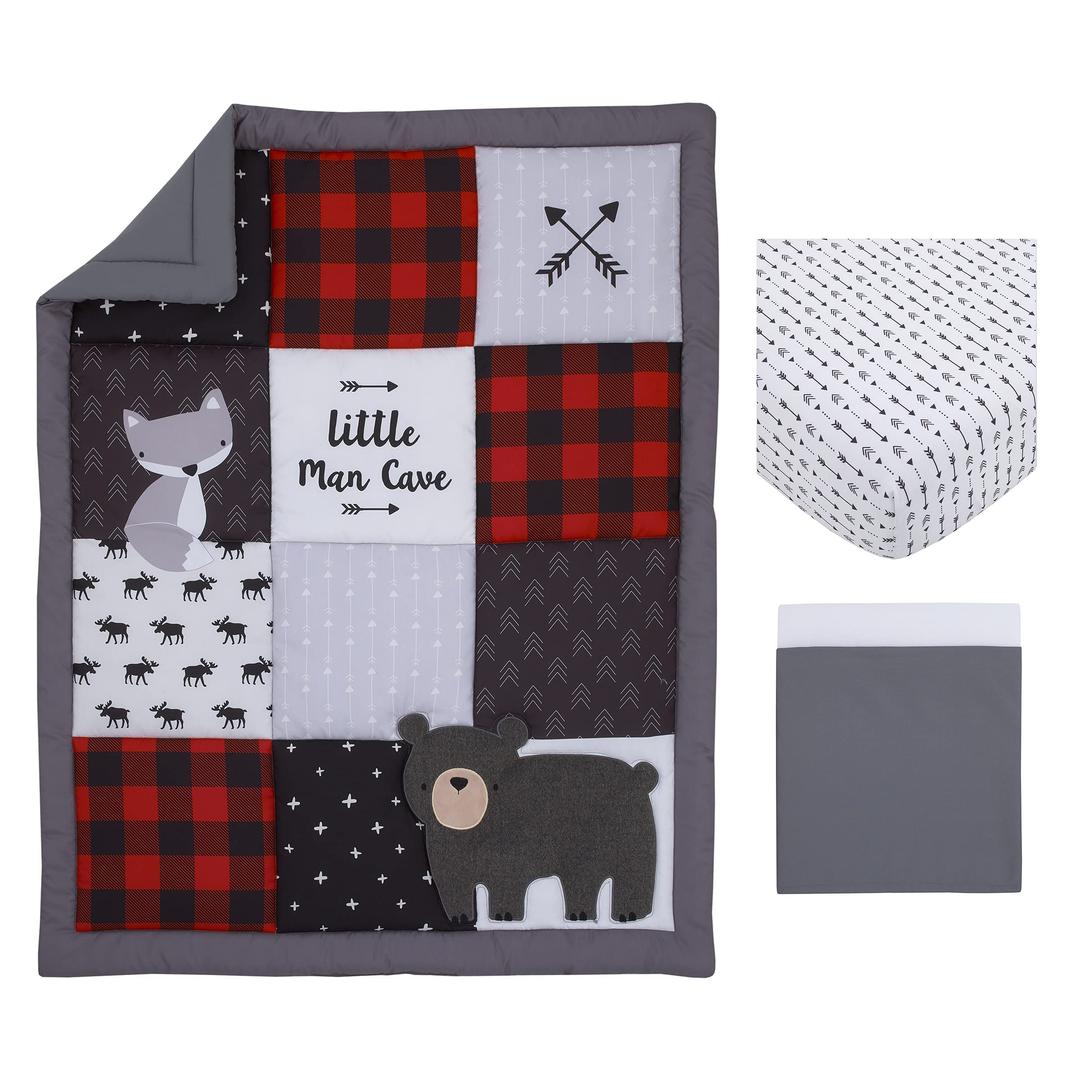 NoJo Little Love Little Man Cave Grey, Red, Black and Ivory, Bear, Fox, Moose, Buffalo Check and Arrows Rustic 3 Piece Nursery Crib Bedding Set - Comforter, Fitted Crib Sheet and Crib Skirt