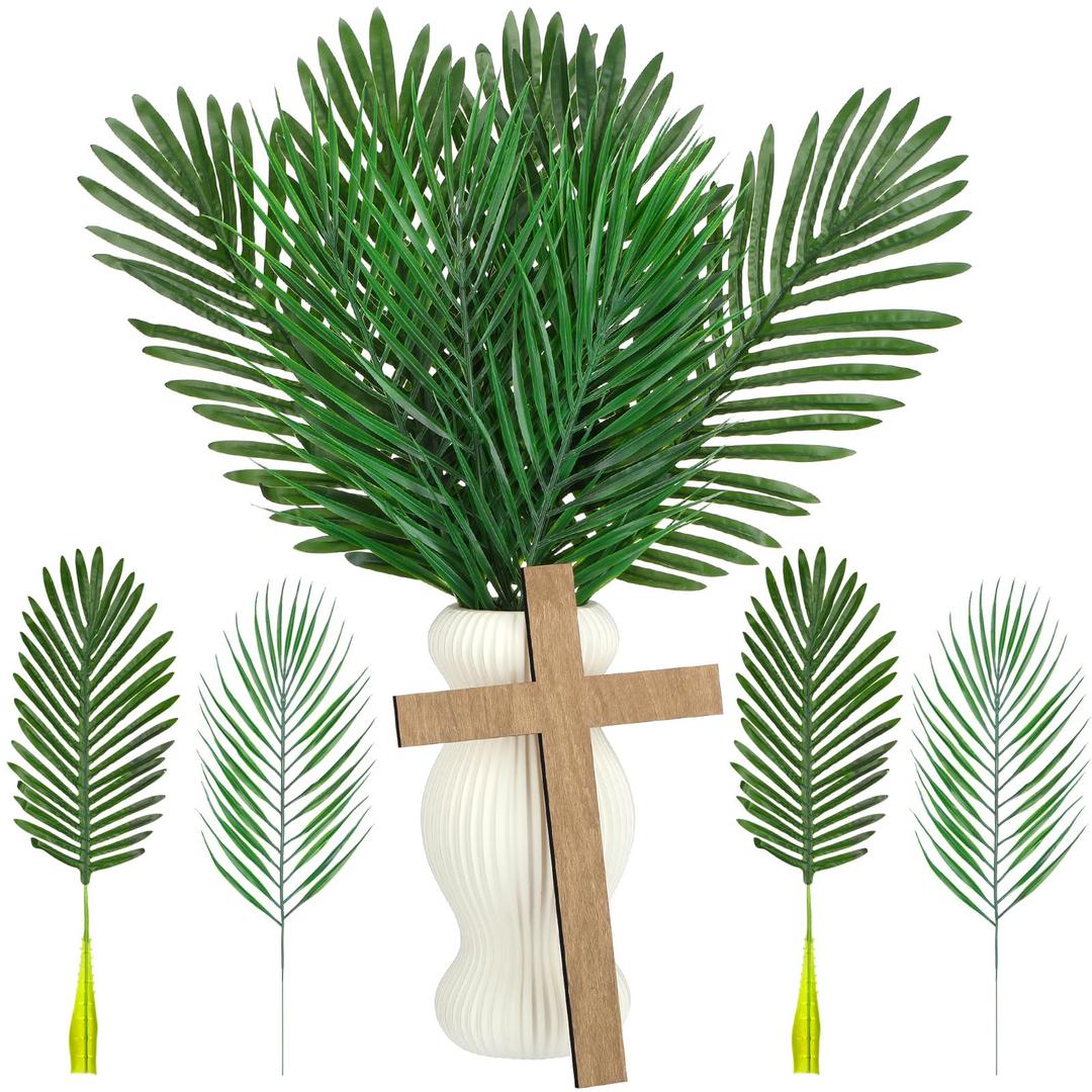 11 Pcs Artificial Palm Sunday Leaves Large Faux Palm Branches with Wood Crosses for Palm Sunday Church Easter Decor