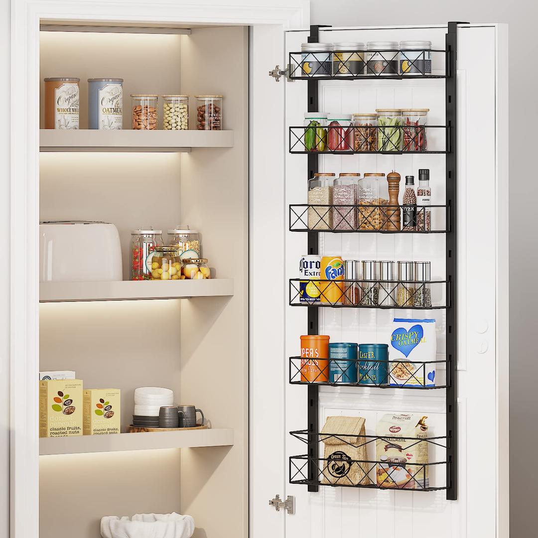 1Easylife Over The Door Pantry Organizer Rack, 6-Tier Adjustable Pantry Organization and Storage, Heavy-duty Metal Door Spice Rack with Detachable Baskets, Hanging Can Organizer for Kitchen Pantry