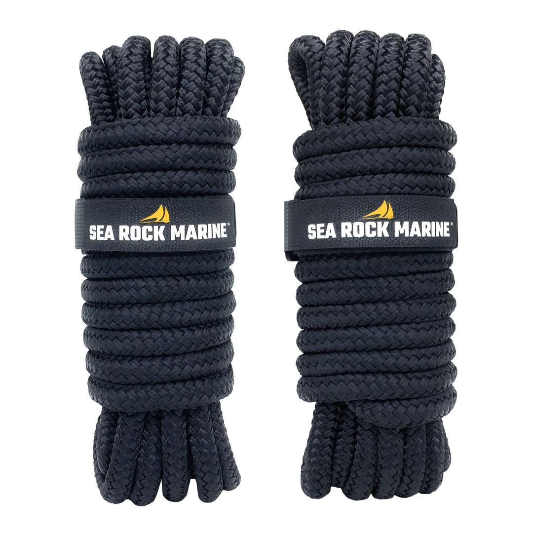 Sea Rock Marine 15' x 3/8" Premium Double Braided Nylon Dock Lines (2 Pack) with 12” Eyelet & Dock Line Ties - Dock Lines for Boats, Marine Rope, Boat Accessories - Black