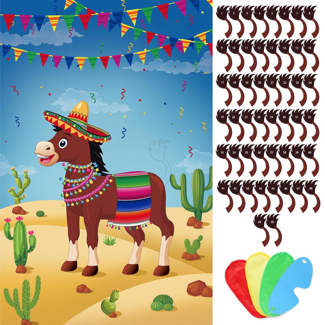 HxezocPin The Tail On The Donkey Party Game with 50 Pcs Tails Large Mexican Donkey Games Poster for Kids Birthday Party Carnival Fiesta Party Supplies