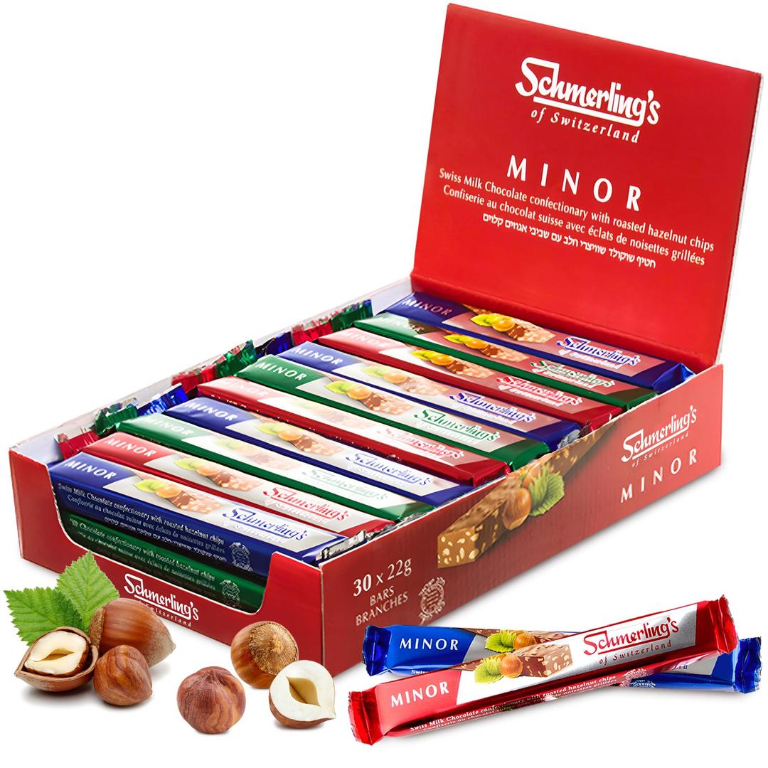 Schmerling's Minor Premium Swiss Chocolate Bars - Crunchy Milk Chocolate Candy Bars with Roasted Hazelnuts - GMO-Free, Kosher for Passover OU - 22g Each - Bulk (Pack of 30)