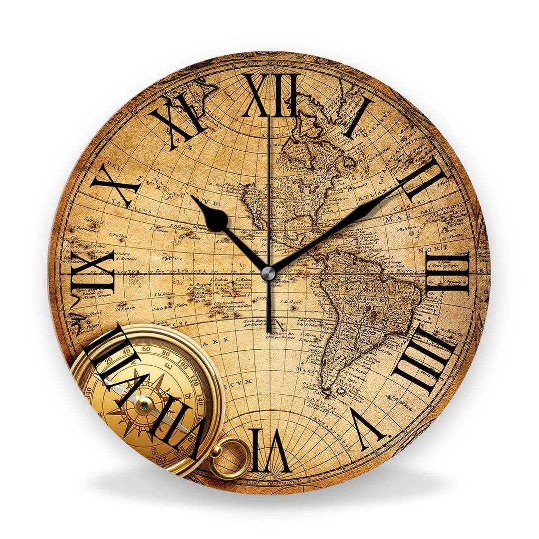 Silent Non Ticking Rustic Wall Clock, Wooden Old World Map Roman Numerals Clocks, Battery Operated 9.8"x9.8" Round Wall Clock for Kitchen, Living Room, Bedroom, Office