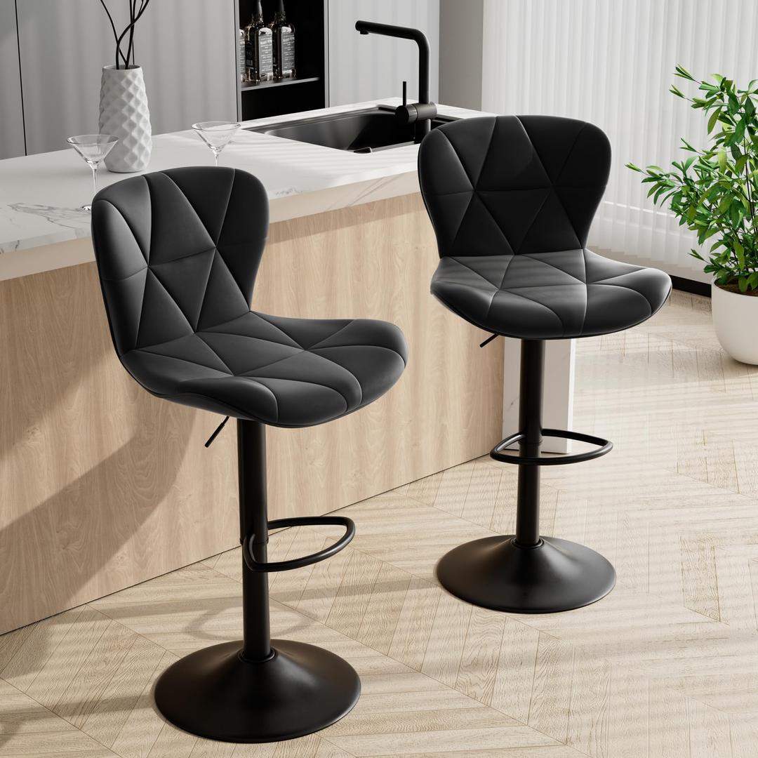 Bar Stools Set of 2,Adjustable Swivel Barstools, Faux Leather Bar Chairs,Upholstered Counter Height with High Backrest for Kitchen Island, Black